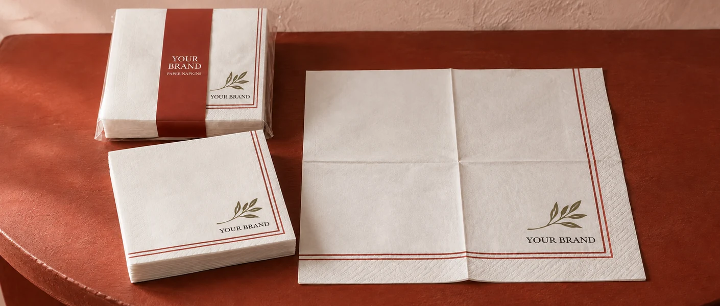 YOUR BRAND paper napkin reference with red line printing, folded napkins, an open sheet and matching wrapper