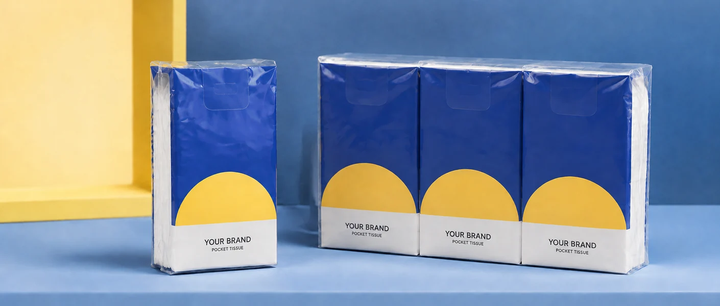 YOUR BRAND blue and yellow pocket tissue packaging reference, showing an individual pack and matching outer wrap