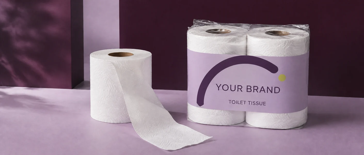 YOUR BRAND toilet tissue packaging reference with a white roll, loose paper and a matching lilac wrapped pack