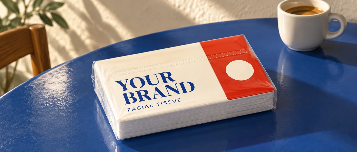 YOUR BRAND ivory and vermilion soft tissue pack on a cobalt-blue table in window light, with clear film and white paper layers visible